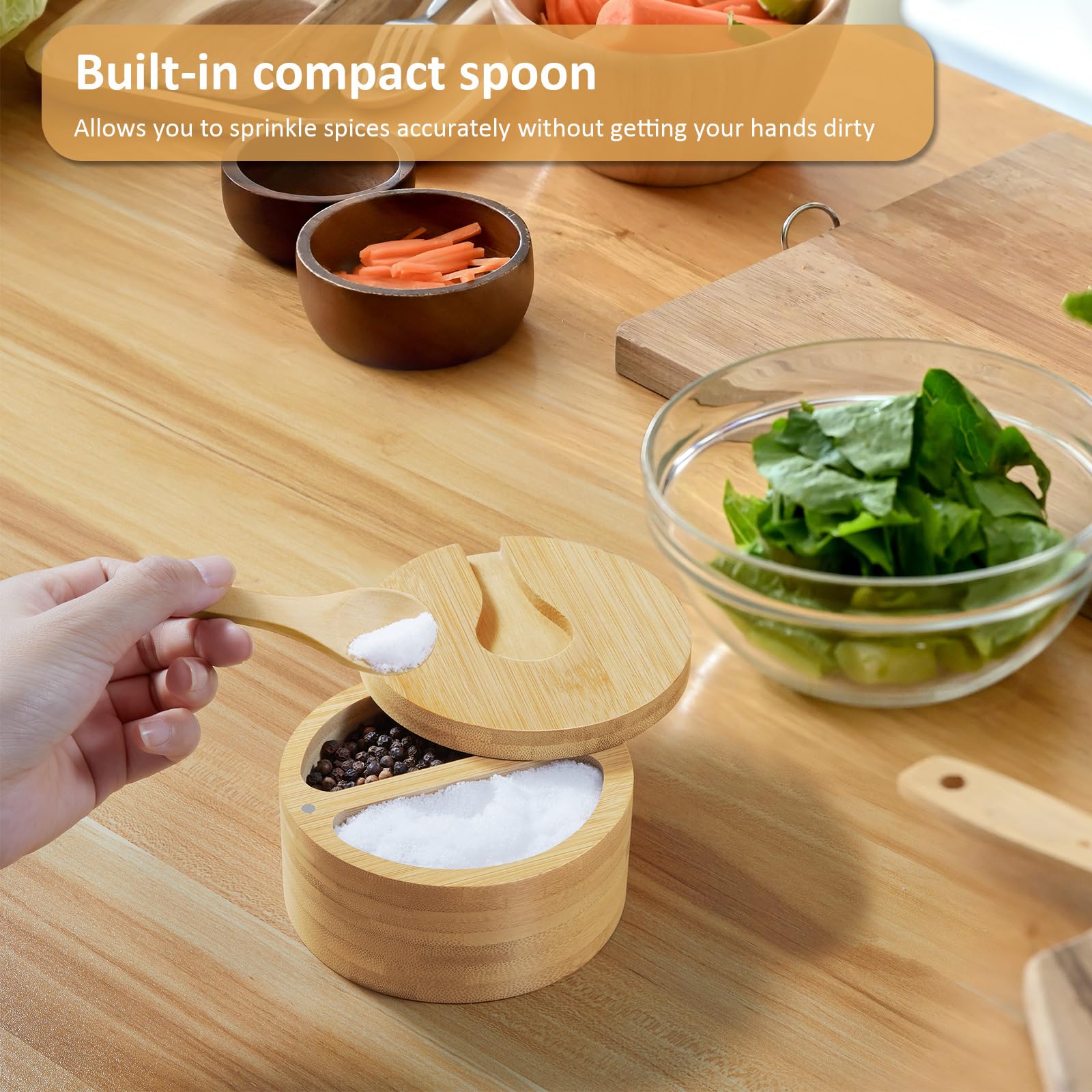 Outnili bamboo salt cellar adds warm, natural style.