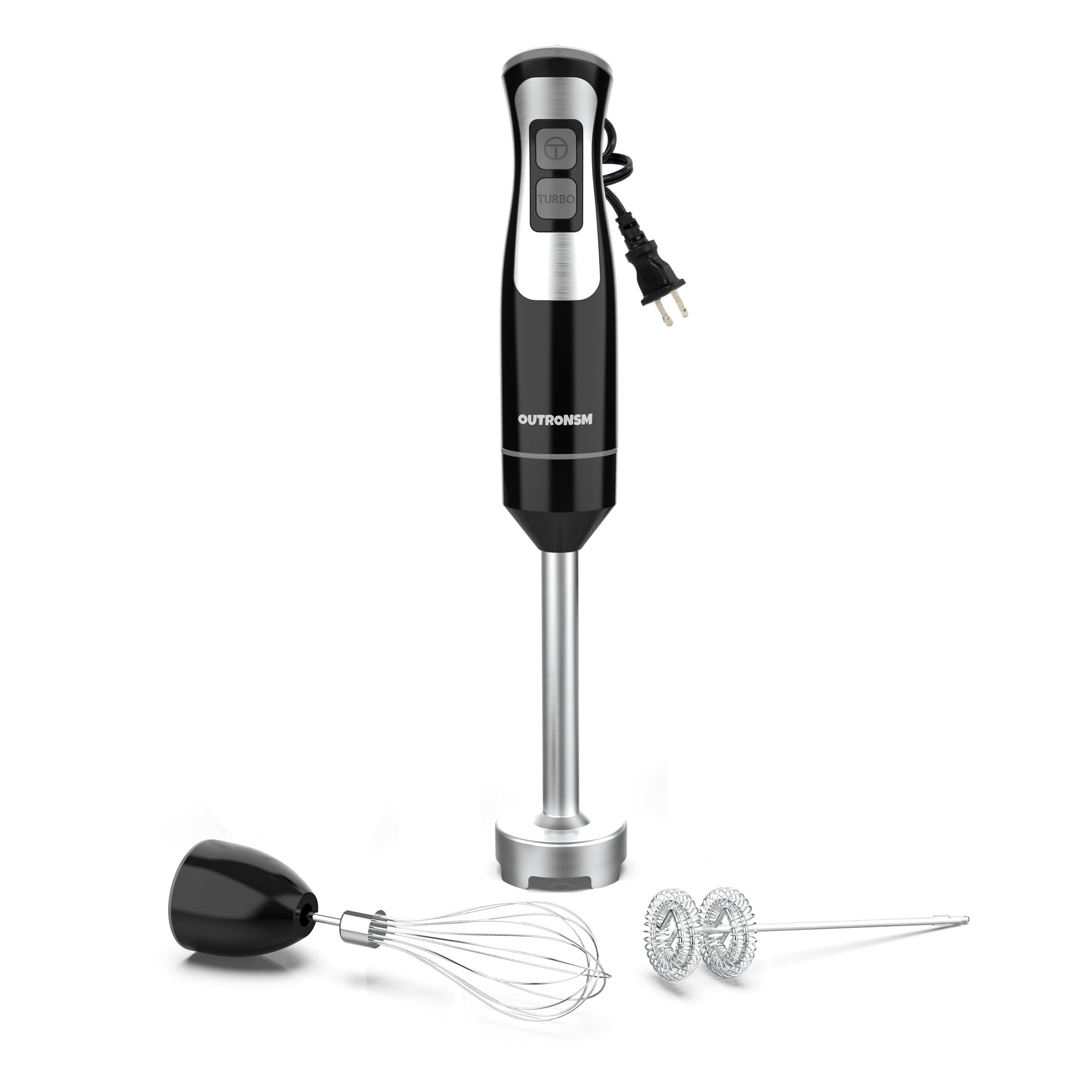 OUTRONSM immersion blender handheld with 4-point blades for quick, smooth blends, ideal for smoothies.