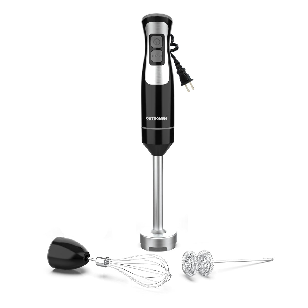 OUTRONSM immersion blender handheld with 4-point blades for quick, smooth blends, ideal for smoothies.