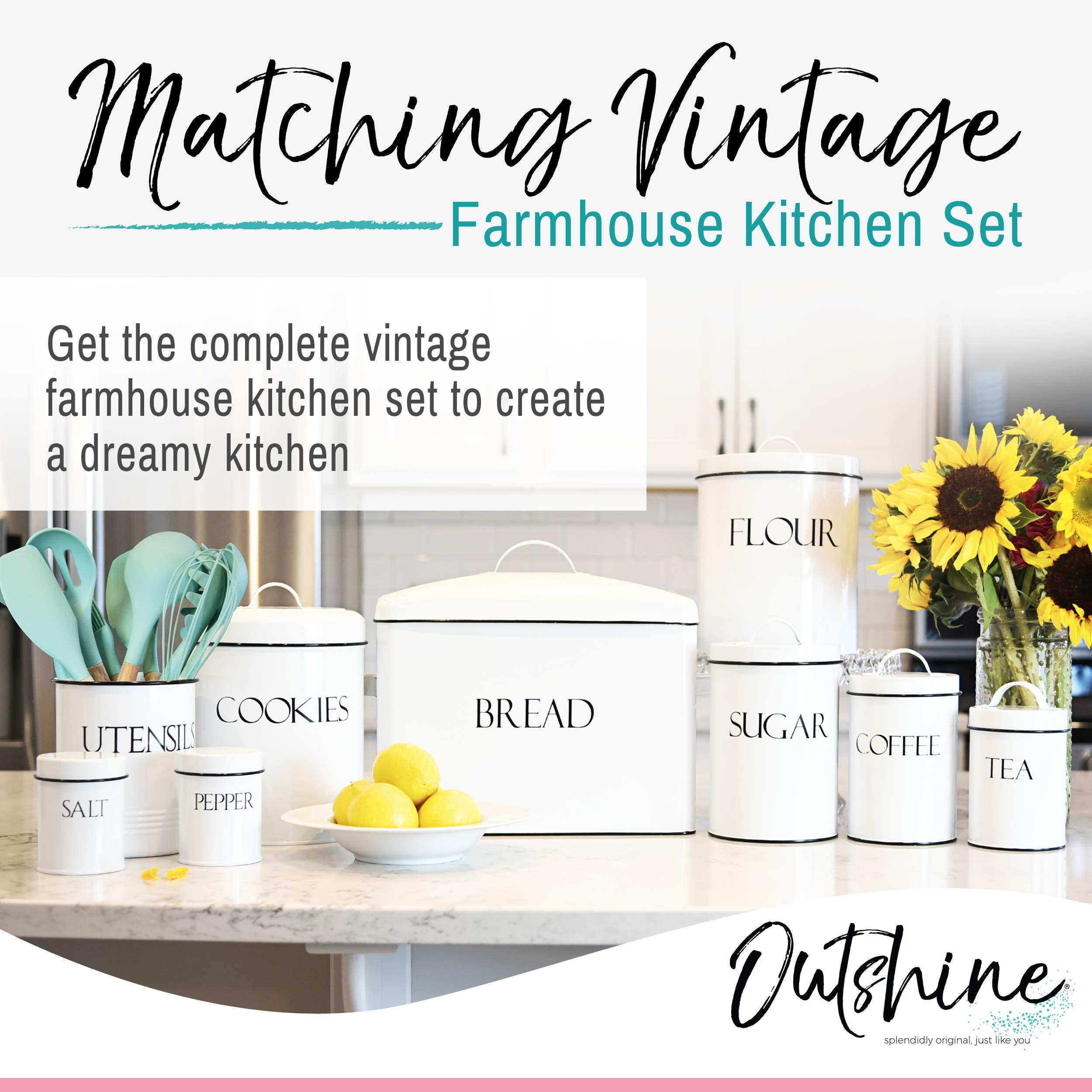OUTSHINE vintage farmhouse cookie tin enhances counters while storing cookies.