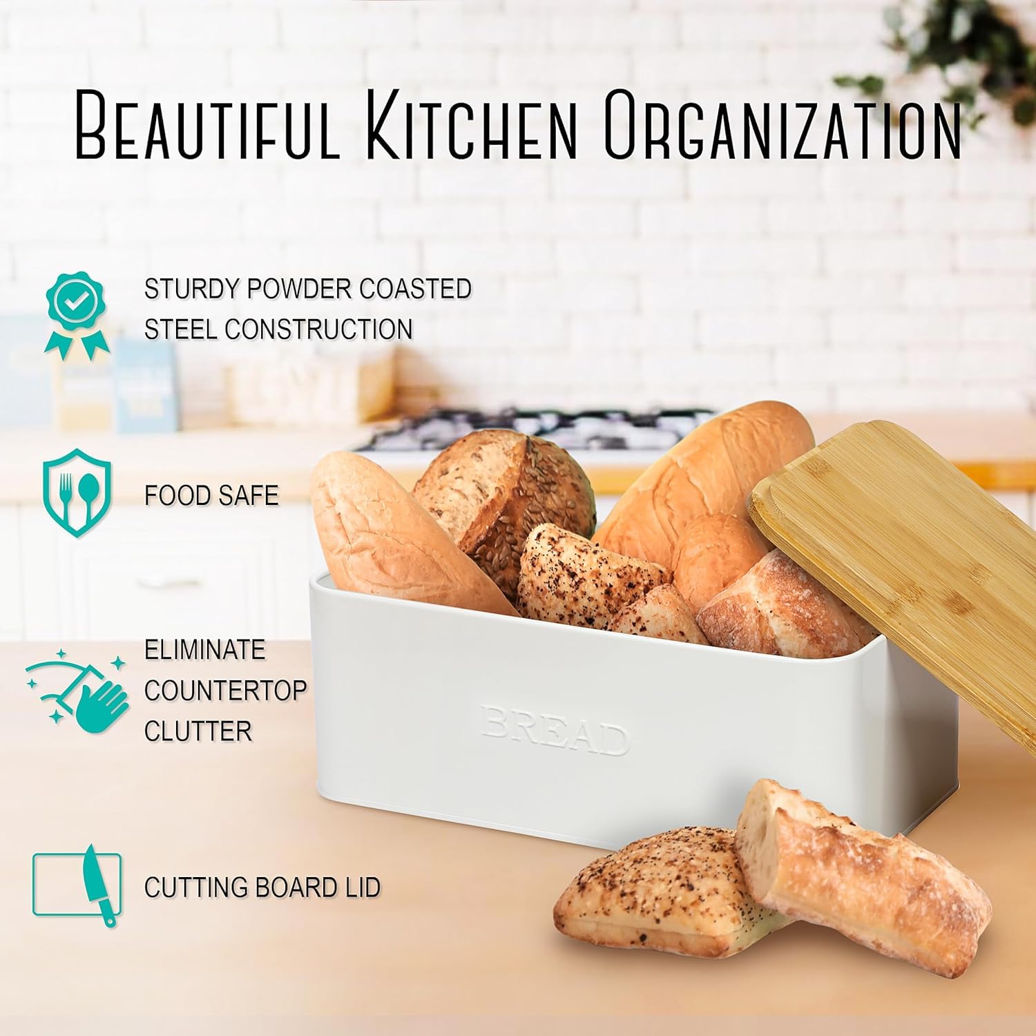 Outshine bread box bamboo lid open reveals cutting surface for slicing