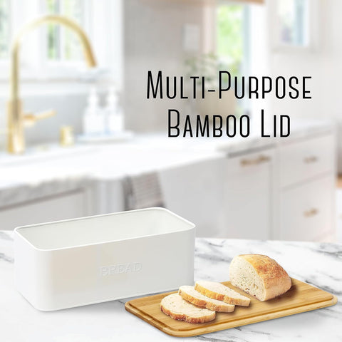 Outshine bread box on countertop with bread demonstrating compact storage