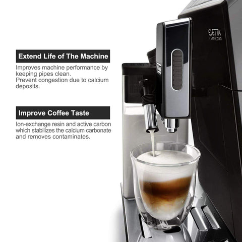 Scale-prevention image showing benefits for DeLonghi machines.
