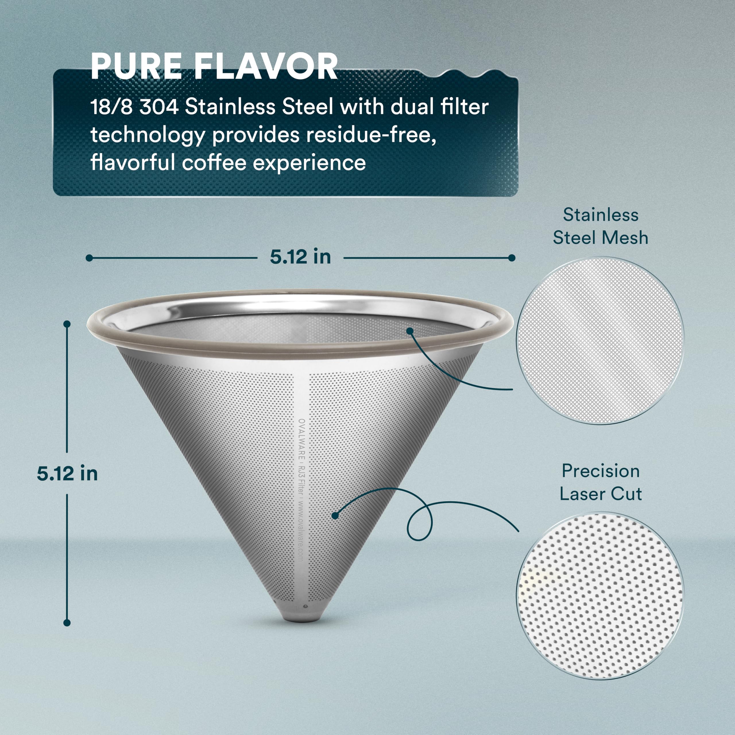 Ovalware dual-filter construction close-up shows inner mesh and outer filter.