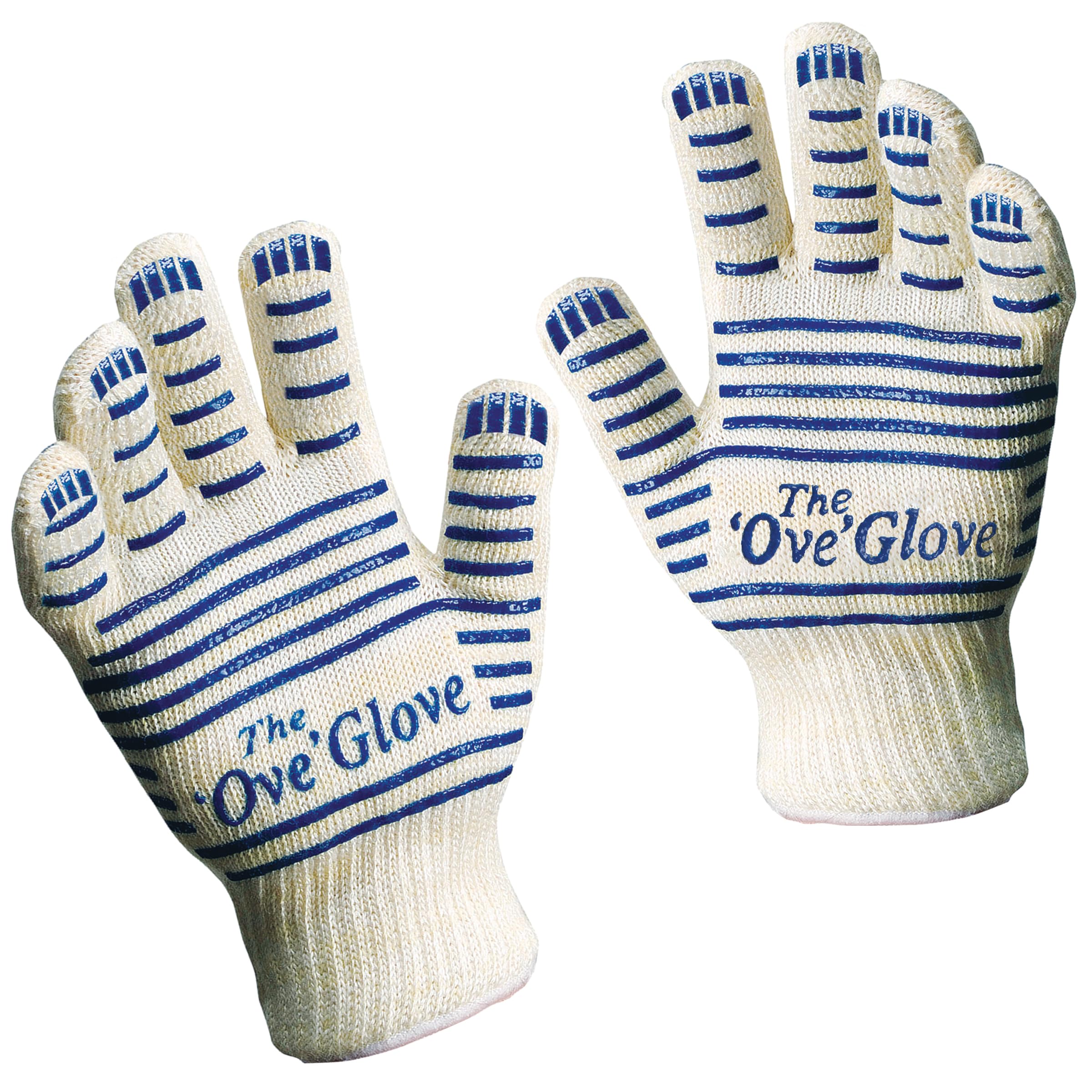 Ove Glove silicone non-slip grip prevents dropping cookware.