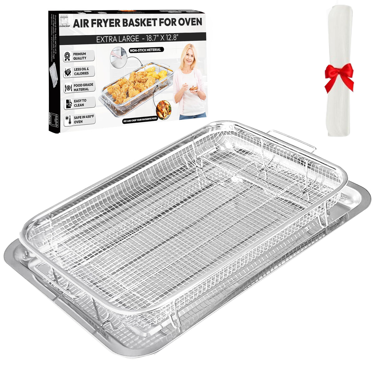 OvenCrisp 18.7x12.8 inch basket assembly for large batches and warp resistance