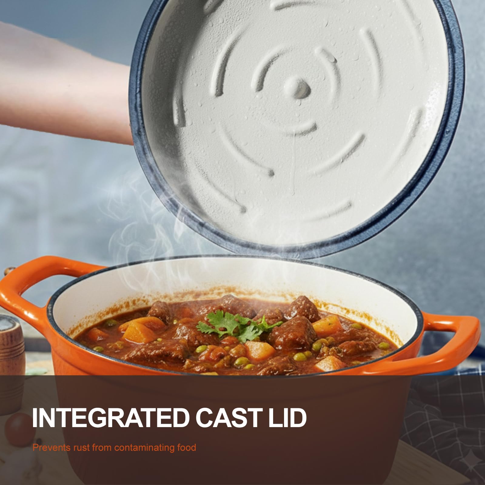 Overmont Dutch Oven arched lid design supports moisture retention for juicy stews