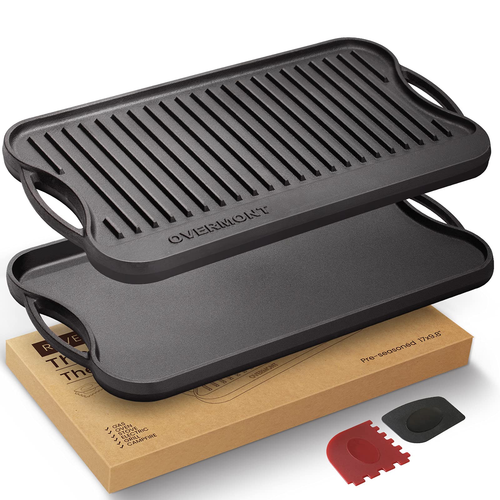 Overmont pre-seasoned cast iron griddle top view for versatile cooking on any heat source