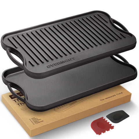 Overmont pre-seasoned cast iron griddle top view for versatile cooking on any heat source