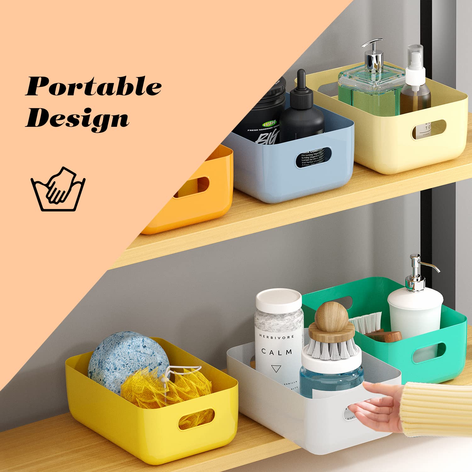 OWill beige bins with stackable design save shelf space