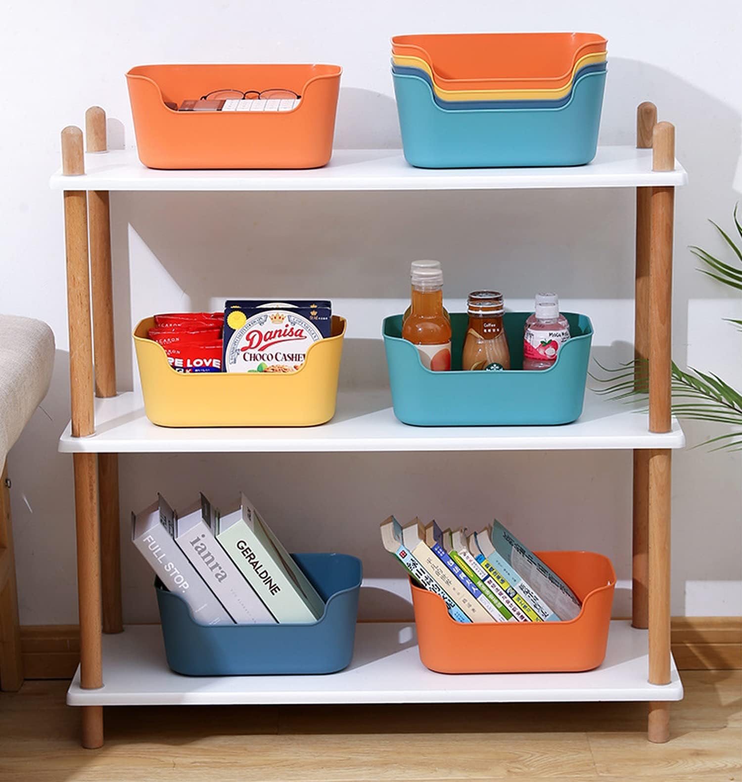 OWill stackable storage bins saving space when not in use.