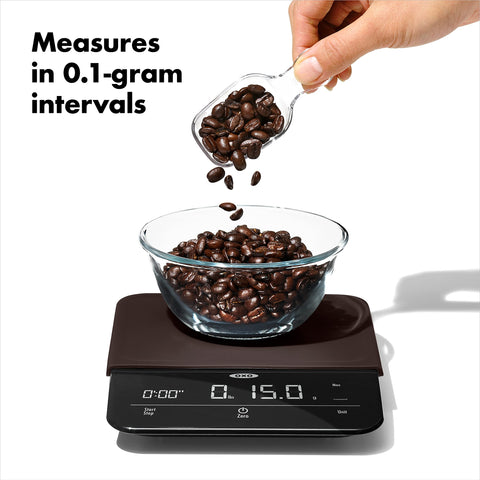 OXO Brew 6lb precision scale timer in use for pour-over timing