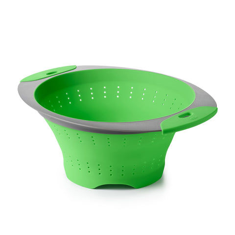 OXO collapsible colander folded flat for compact storage.