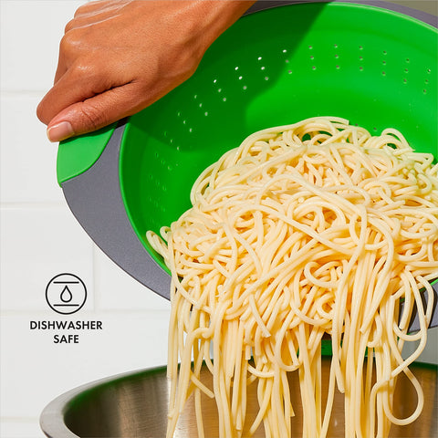 OXO green colander rinses beans or vegetables efficiently.