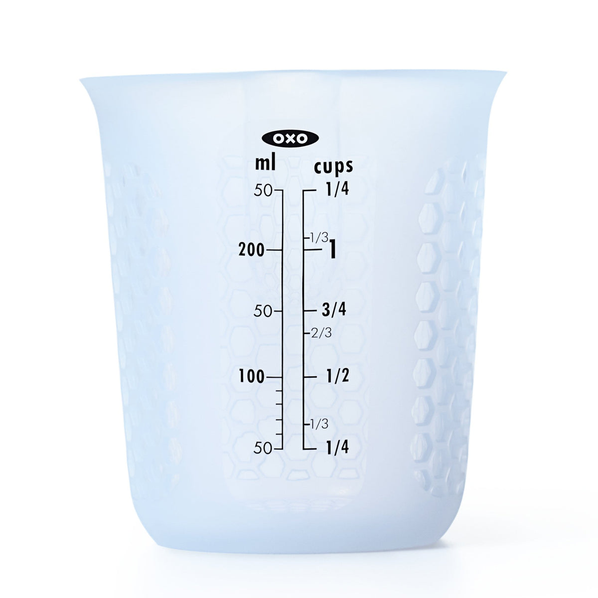 OXO Good Grips squeeze-pour silicone measuring cup shows precise 1-cup markings for easy measuring