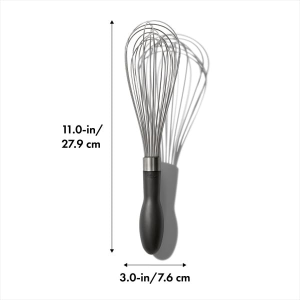 OXO Good Grips balloon whisk in action, ideal for whipping eggs.