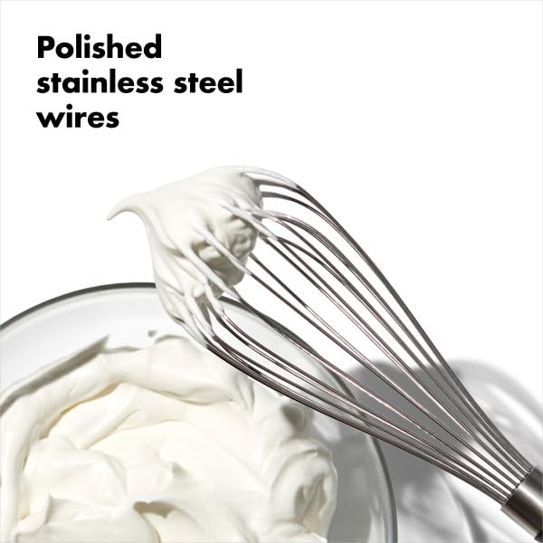 OXO Good Grips balloon whisk has non-slip soft handle for wet hands.