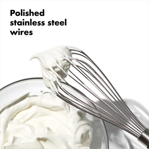 OXO Good Grips balloon whisk has non-slip soft handle for wet hands.