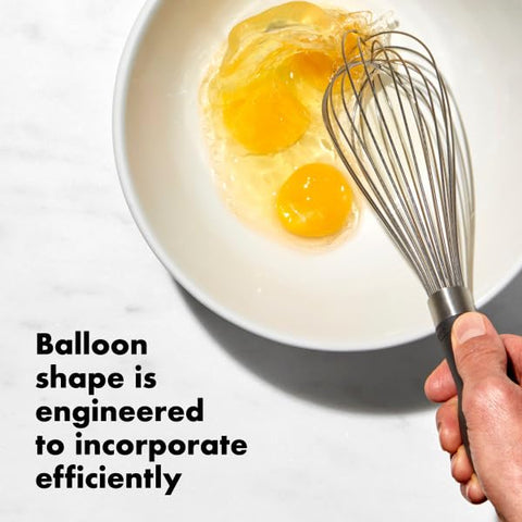 OXO Good Grips whisk shows polished stainless steel wires for durability.