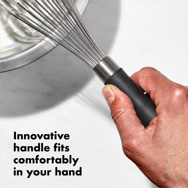 OXO Good Grips balloon whisk features teardrop-handle for comfortable grip.