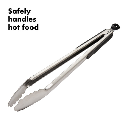 OXO Good Grips locking tongs with hanging loop for convenient storage.