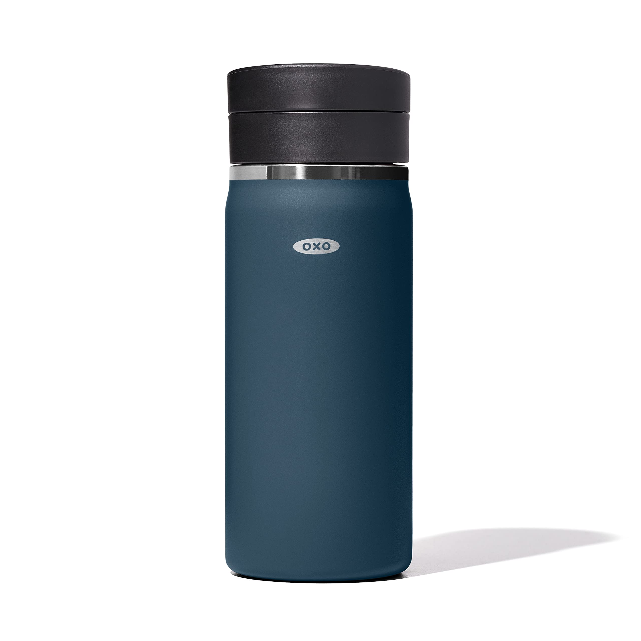 OXO Good Grips 16oz travel mug in dark cobalt with durable steel for heat retention