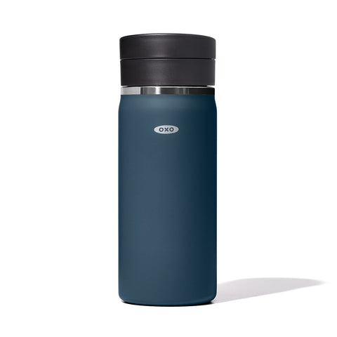 OXO Good Grips 16oz travel mug in dark cobalt with durable steel for heat retention