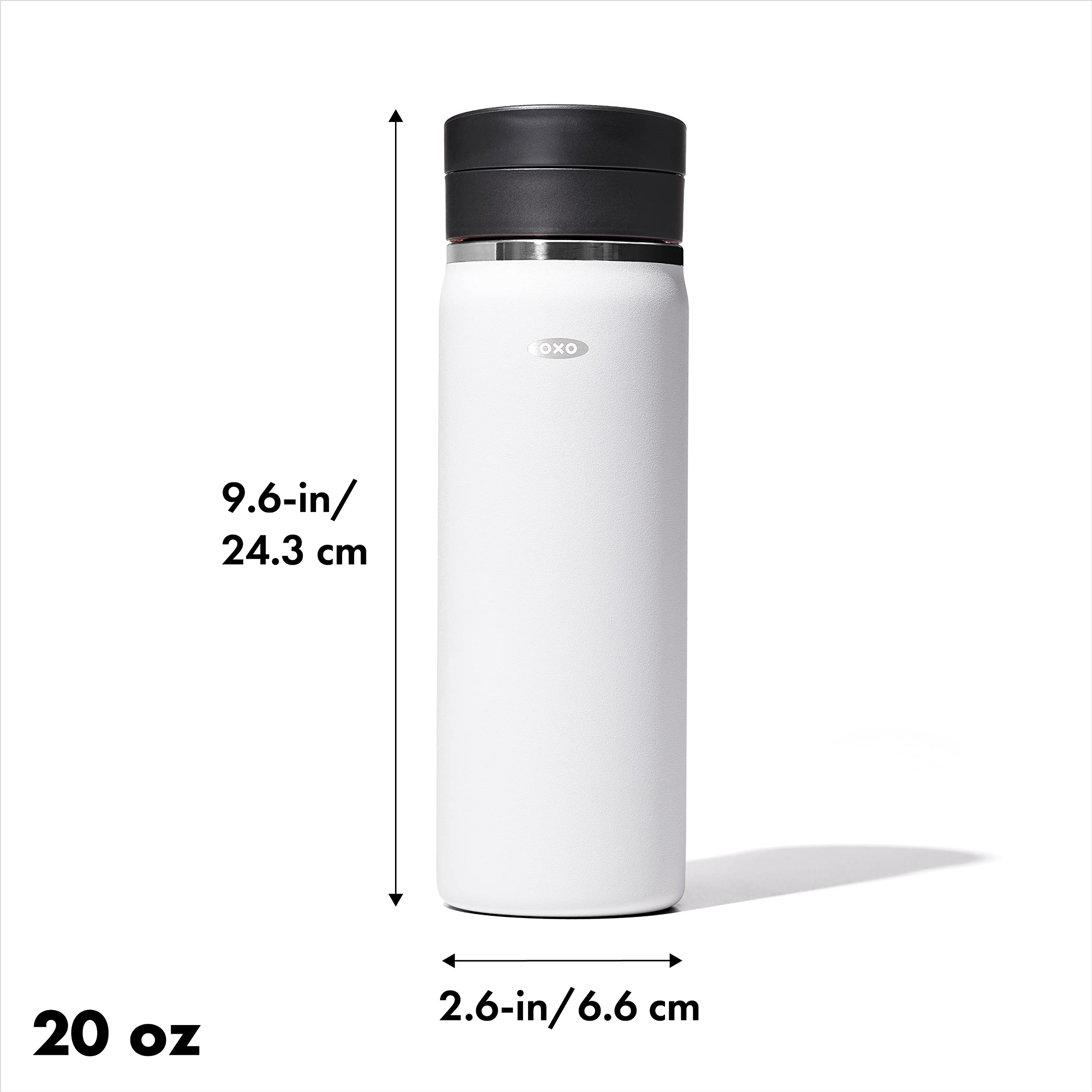 OXO Good Grips travel mug with BetterTemp insulation keeps drinks hot up to 12 hours and cold up to 24 hours.