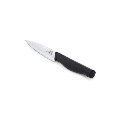OXO Good Grips paring knife blade close-up highlighting sharp steel for precise peeling.