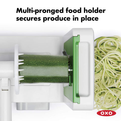 OXO Good Grips StrongHold suction on countertop for stable spiralizing
