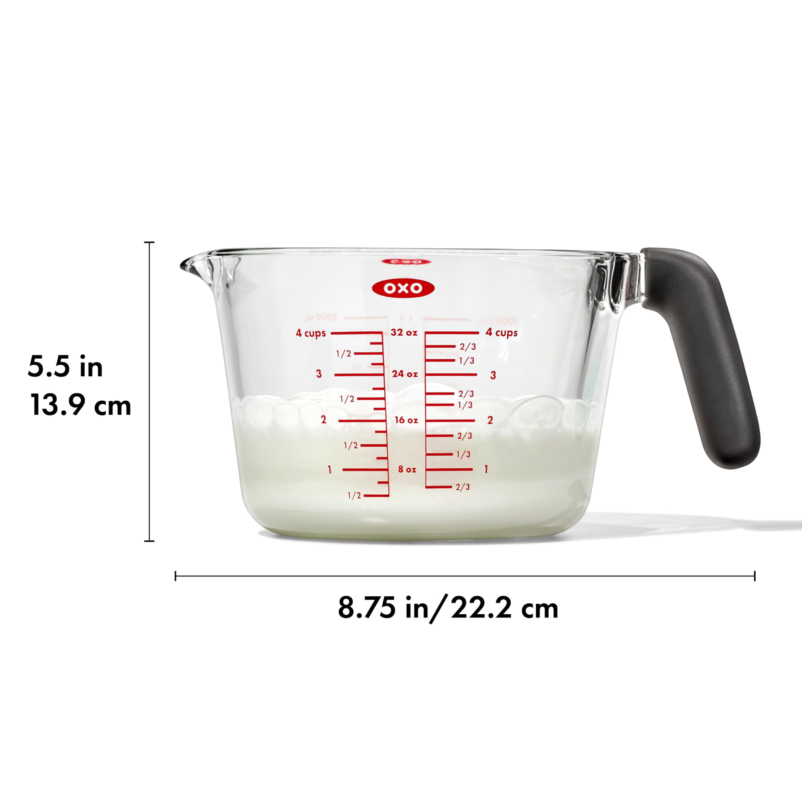 OXO Good Grips 4-Cup Glass Measuring Cup fridge-freezer use for cold storage and heating.