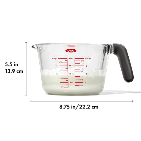 OXO Good Grips 4-Cup Glass Measuring Cup fridge-freezer use for cold storage and heating.