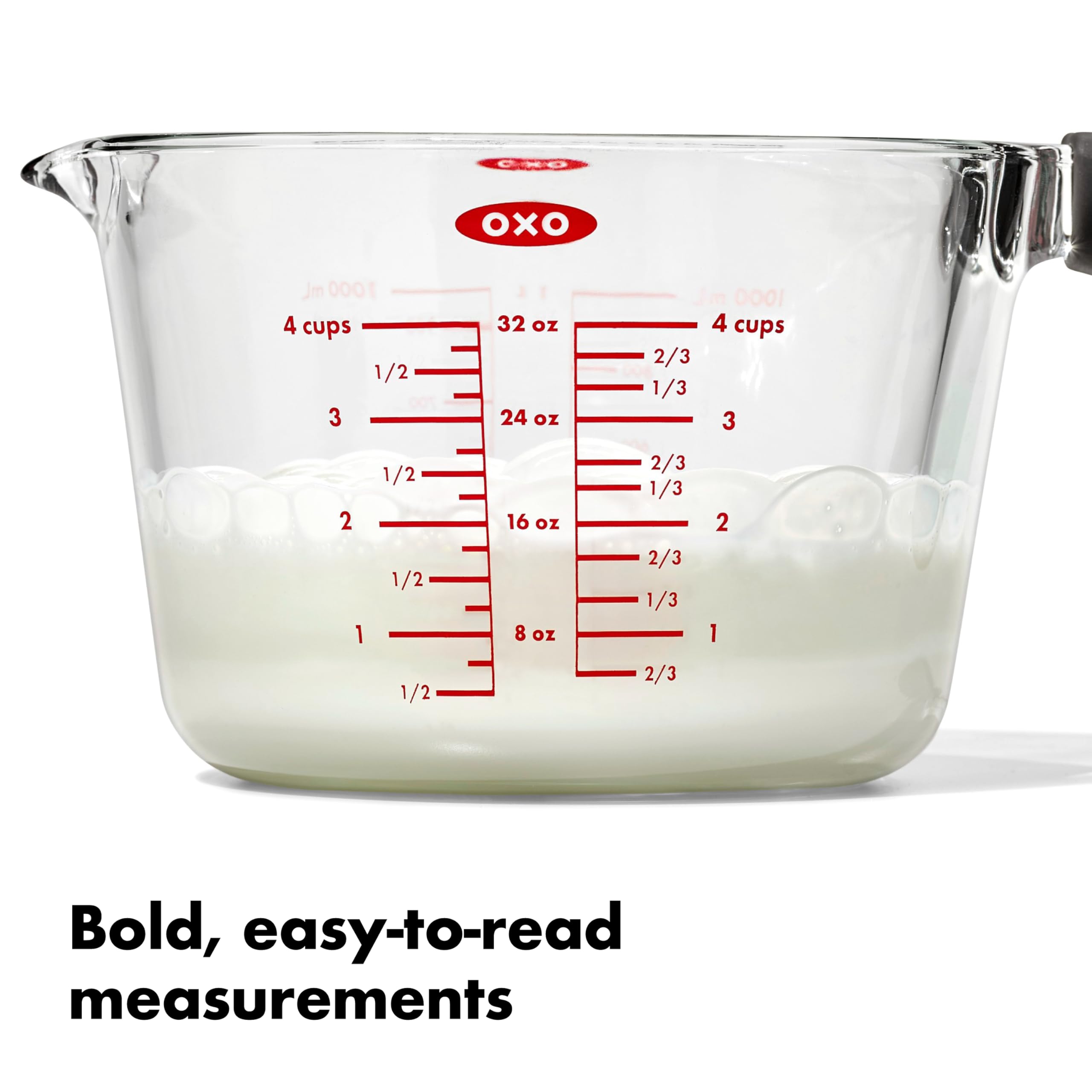 OXO Good Grips 4-Cup Glass Measuring Cup measurement marks aid accurate portions.