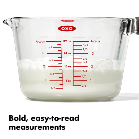 OXO Good Grips 4-Cup Glass Measuring Cup measurement marks aid accurate portions.