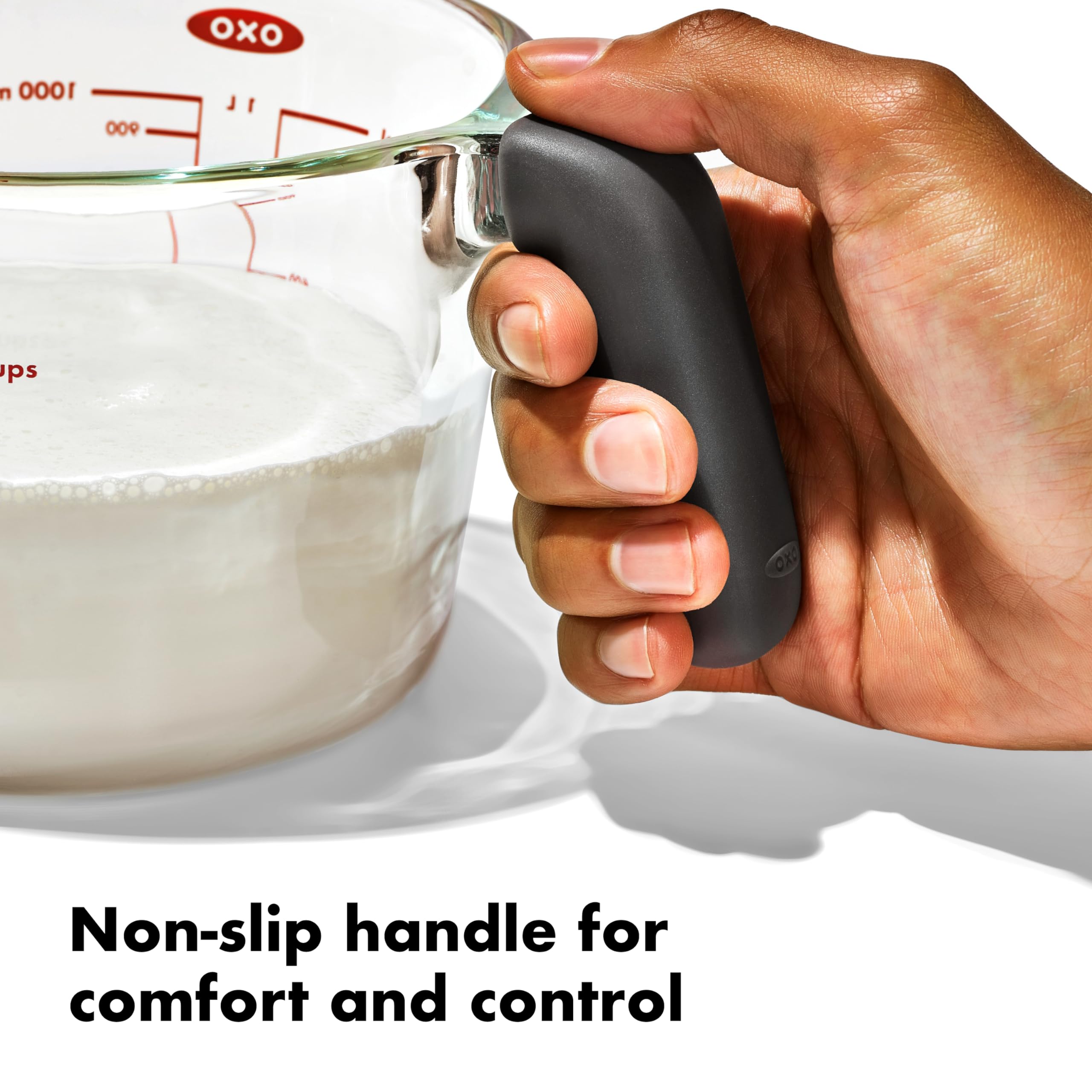 OXO Good Grips 4-Cup Glass Measuring Cup microwave-safe design for quick reheating.