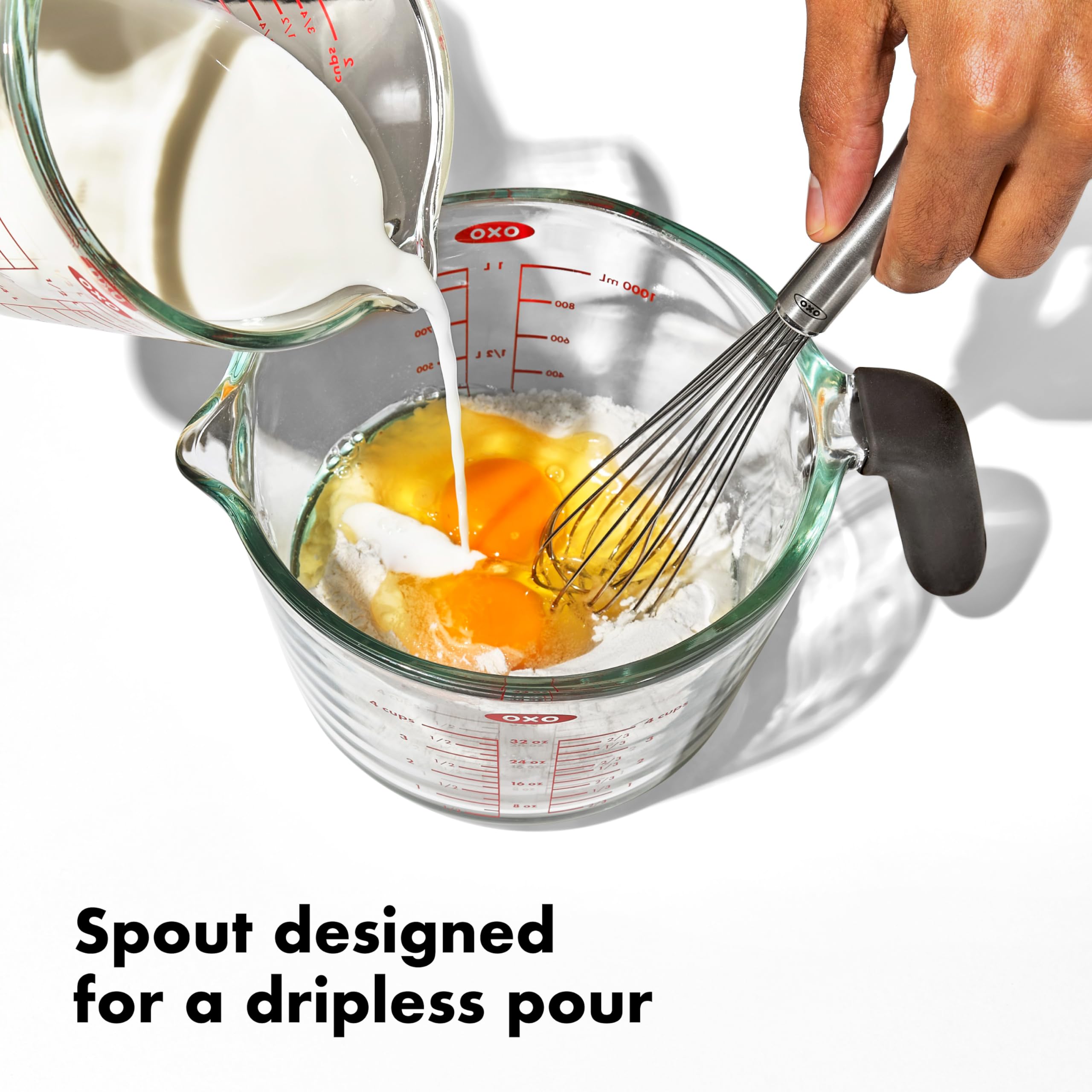 OXO Good Grips 4-Cup Glass Measuring Cup shows dripless spout for mess-free transfers.