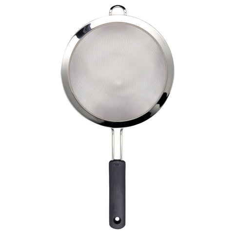 OXO Good Grips 8 inch strainer shows balance loop for stable resting on bowls.