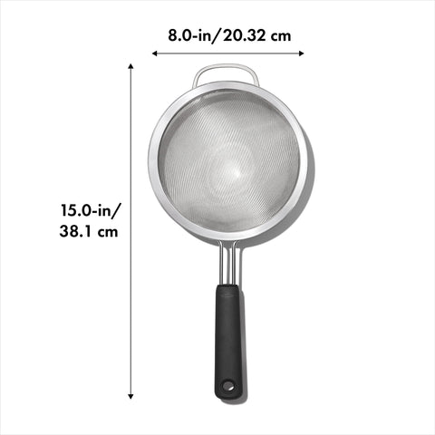 OXO Good Grips 8 inch strainer double rod construction adds sturdiness for regular use.