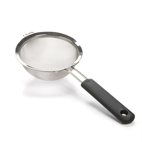 OXO Good Grips 8 inch strainer slip proof handle for comfortable gripping.