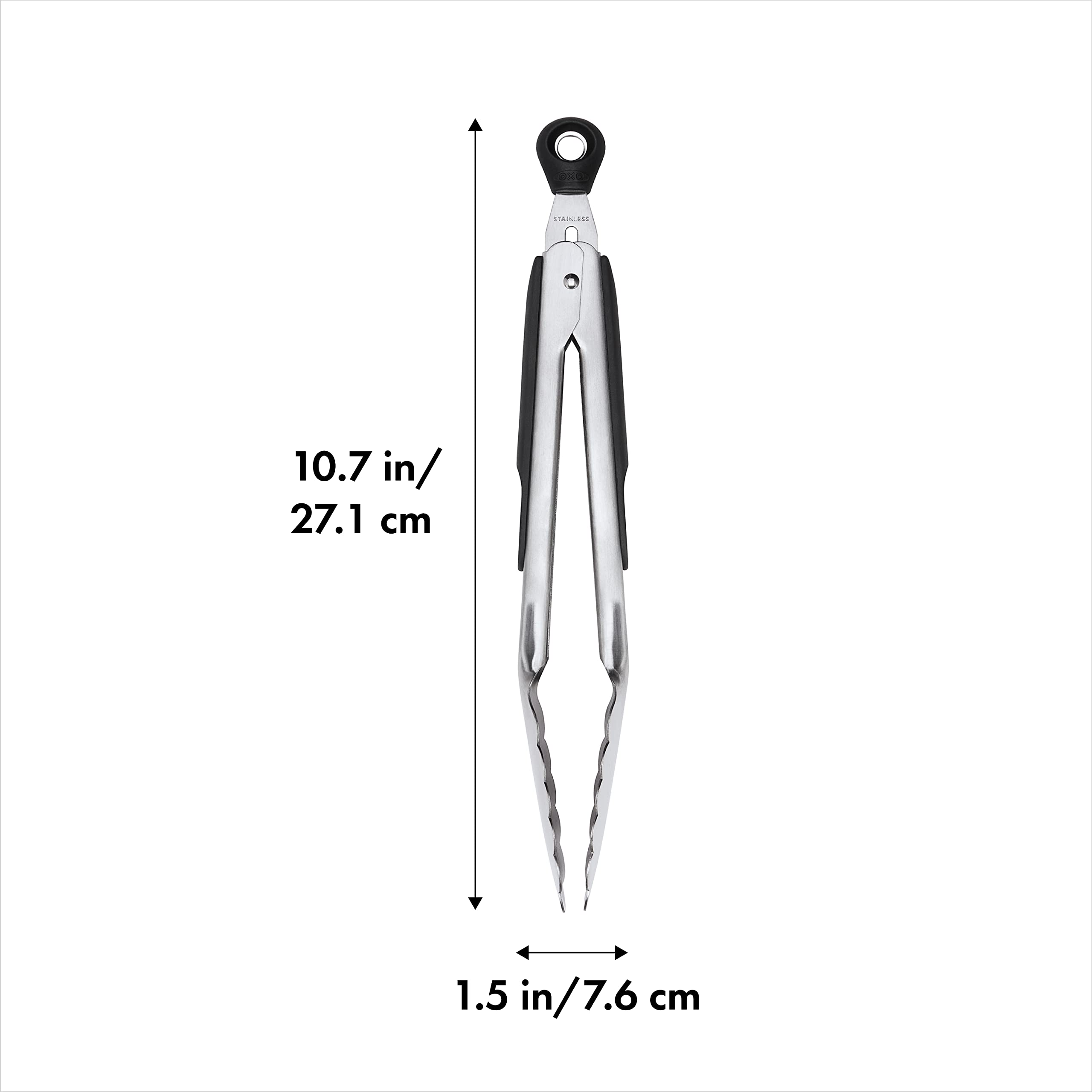 OXO Good Grips 9-inch tongs in brushed stainless steel withstand high heat.