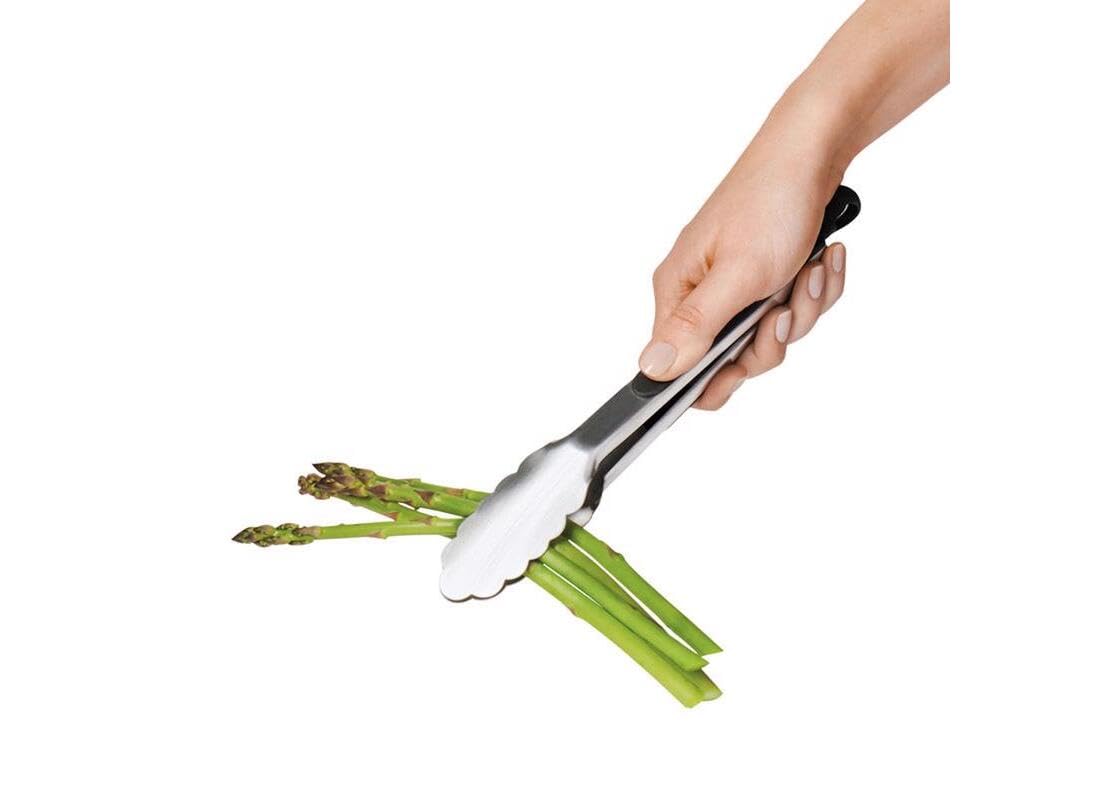 Dishwasher-safe OXO Good Grips 9-inch tongs for easy cleaning.