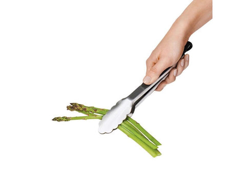 Dishwasher-safe OXO Good Grips 9-inch tongs for easy cleaning.