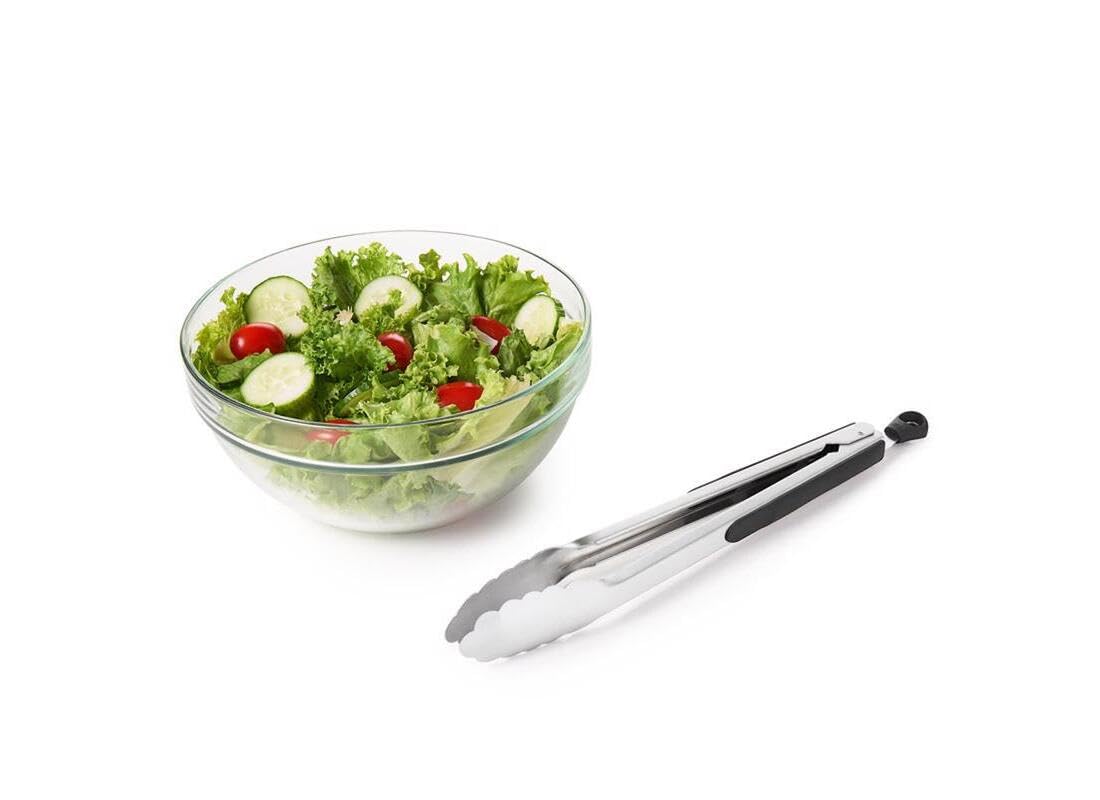 Ergonomic palm-fit handle reduces hand tension on OXO Good Grips tongs.