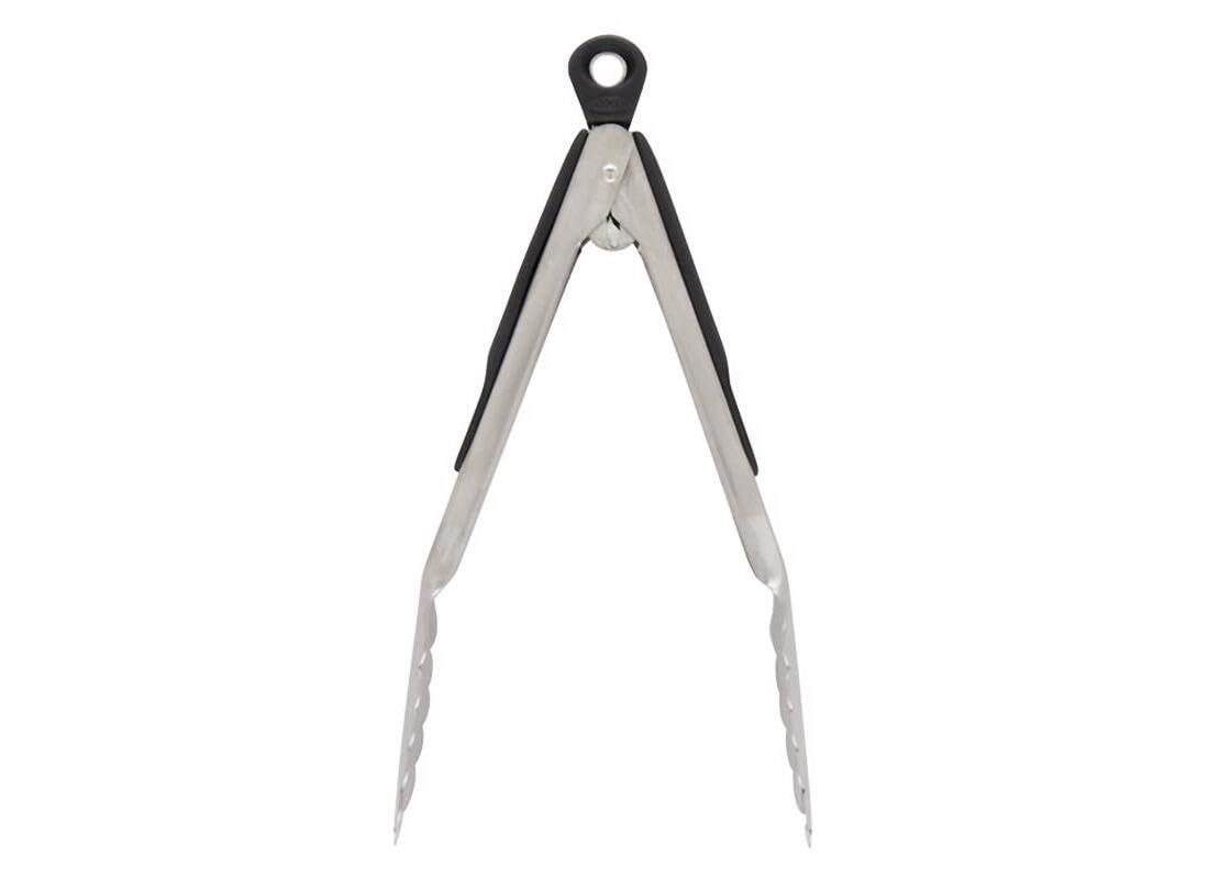 Non-slip soft grips on OXO Good Grips tongs provide comfortable handling.