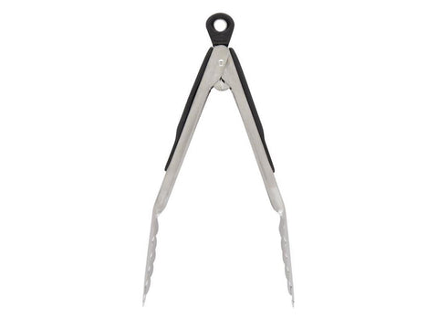Non-slip soft grips on OXO Good Grips tongs provide comfortable handling.
