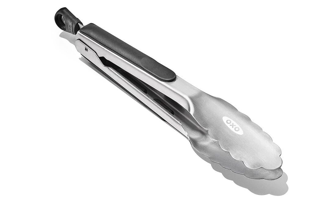 OXO Good Grips 9-inch tongs in brushed stainless steel, durable for everyday cooking.