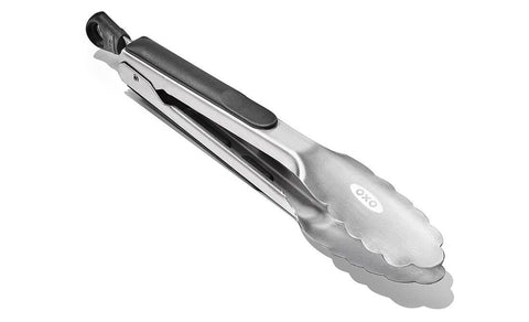 OXO Good Grips 9-inch tongs in brushed stainless steel, durable for everyday cooking.