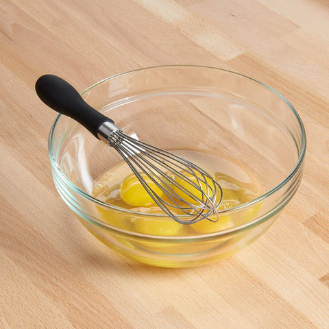 OXO Good Grips 9-Inch Whisk teardrop handle provides ergonomic, non-slip grip.