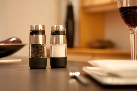 OXO Good Grips Accent Salt Grinder shows adjustable fine to coarse grind for recipes.