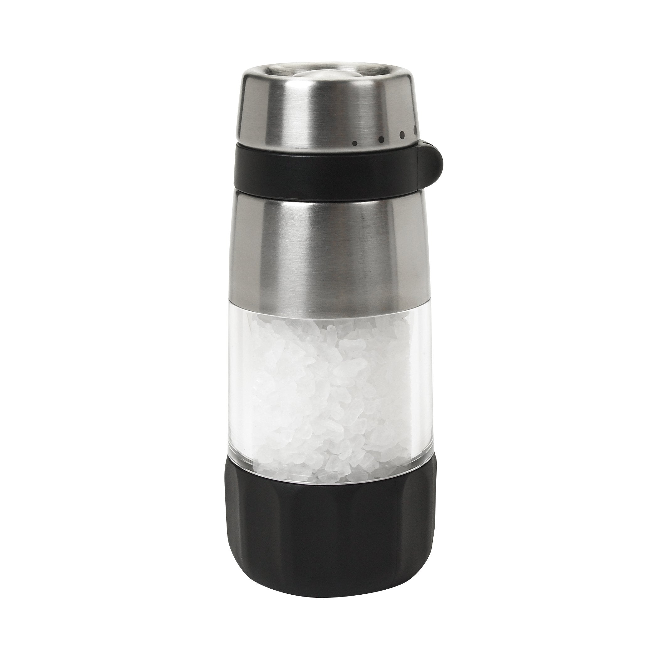 OXO Good Grips Accent Salt Grinder with coarse sea salt inside for easy seasoning.